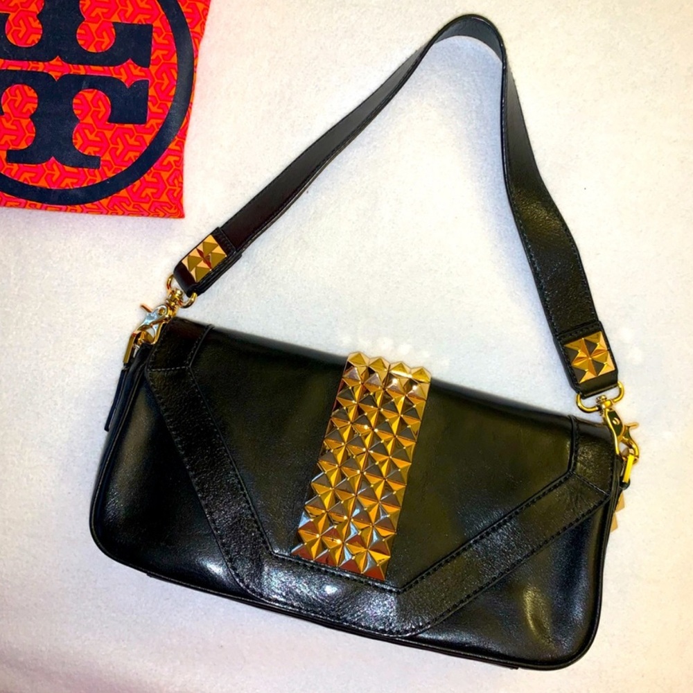 TORY BURCH Black Leather Studded Shoulder Bag Clutch Removable Strap STUNNING!